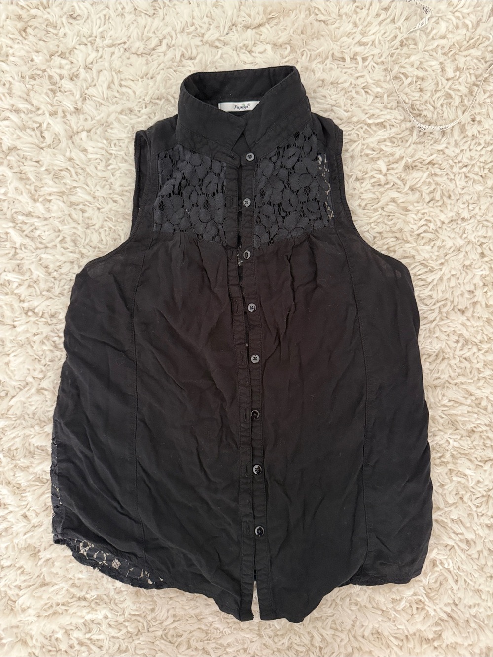 Sleeveless Lace Yoke Button-Front Camisole - Black